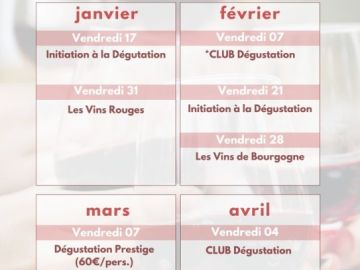 Vous êtes nombreux à nous l'avoir réclamé.. voici le nouveau programme pour les Cours d'Oenologie 2025. 🍷☺

CLUB DEGUSTATION : 2 places encore disponible...